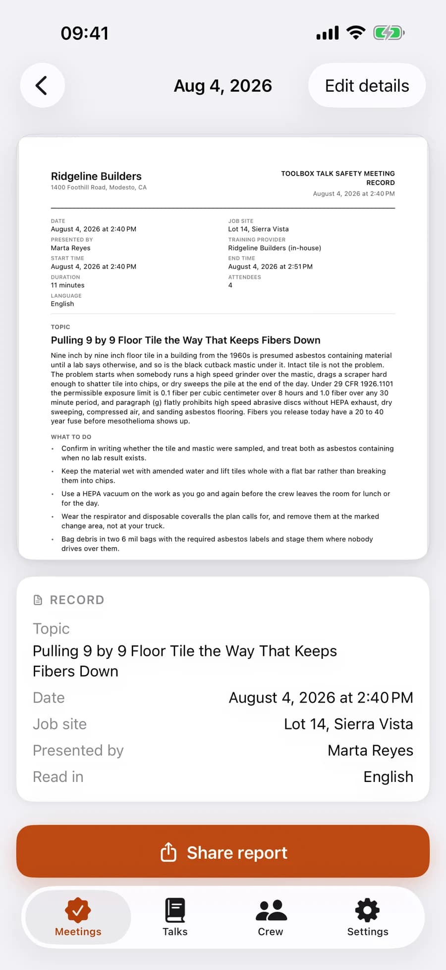 A finished meeting in ToolboxLog: the rendered safety meeting record showing company name and address, date, job site, presenter, duration, attendee count and the full topic text, with a Share report button.