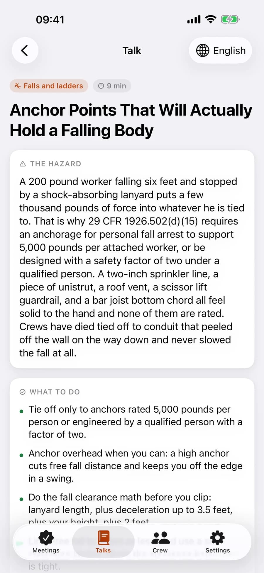 A talk open on the phone: Anchor Points That Will Actually Hold a Falling Body, with a hazard section citing 29 CFR 1926.502(d)(15) and a what-to-do list.