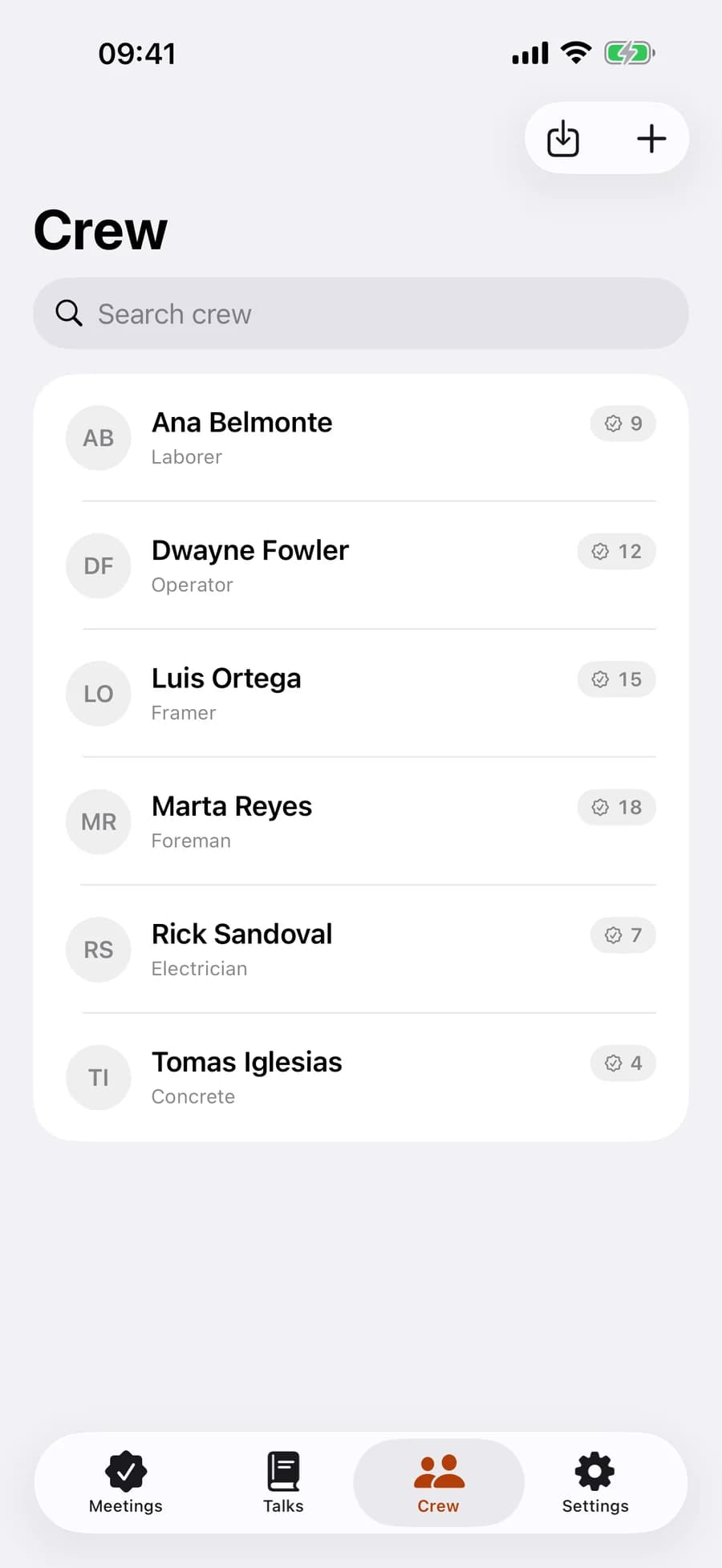 The Crew tab: a saved roster of workers with their trades listed beneath their names.