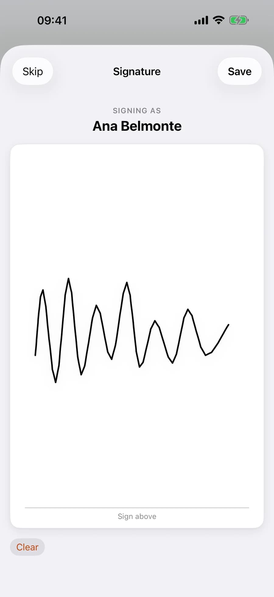 The signature pad: SIGNING AS Ana Belmonte above a white sheet with a signature drawn on it, and Skip, Save and Clear controls.