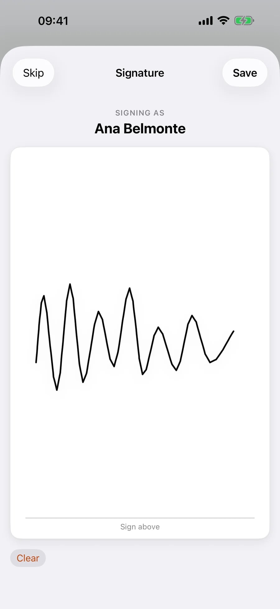 The signature pad: SIGNING AS Ana Belmonte above a white sheet with a signature drawn on it, and Skip, Save and Clear controls.
